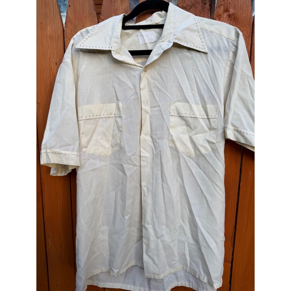 Vintage Envoy Mens Cream Short Sleeve Button Down Pick Stitch Shirt Medium